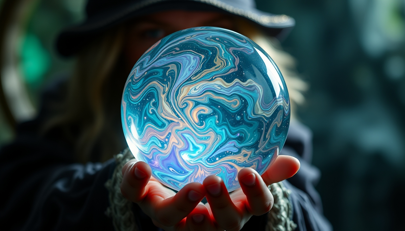 A mystical glass orb with swirling, ethereal colors inside, held by a wizard.