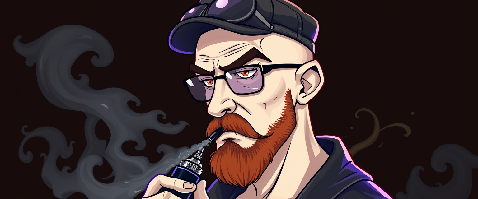 Three-quarter view of a sinister, bald cartoon human male with demonic features. Short ginger beard contrasts with dark eyebrows. Wears a weathered flatcap and reflective aviator glasses. Clutches a sleek vapemod, exhaling dense, swirling vapor clouds. Vibrant, e-liquid drips off his pale skin, creating a colorful aura.