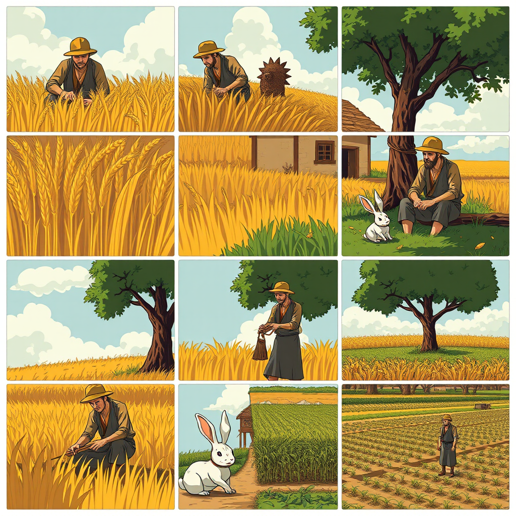 The image style is "cyberpunk," featuring an ancient farmer in a nine grid. Each Grid's size is 9:16. The characters in each scene will all use the same farmer, ensuring that the face shape and clothing remain consistent throughout. In the first panel, the farmer is harvesting wheat. In the second panel, the farmer is sitting under a tree, a rabbit is rushing. In the third panel, the rabbit is lying on the ground. In the fourth panel, the farmer is walking toward a house. In the fifth panel, the farmer sits under the tree. In the sixth panel, the farmer sighs while sitting under the tree. In the seventh panel, the farmer stares blankly at the sky. In the eighth panel, the crops have withered. In the ninth panel, the farmer is planting seeds in the field.