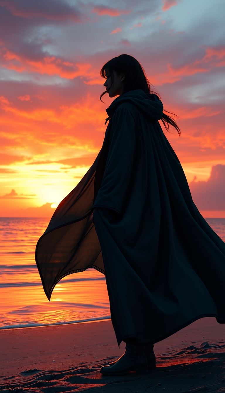 A highly detailed, photorealistic illustration of a young woman standing alone on a beach, silhouetted against a dramatic sunset sky. The woman is wearing a long, flowing teal and black cloak or cape that billows around her in the wind. Her face is obscured, with only the outline of her profile visible. The sunset colors in the background are vibrant, with shades of orange, pink, and purple reflecting off the calm ocean waters. The overall composition has a sense of mystery and contemplation, with the woman appearing to gaze out towards the horizon. The details of the cloak's intricate patterning and textures are rendered with exceptional realism, creating a captivating and immersive scene. The lighting and atmospheric effects add depth and a sense of atmosphere to the image.