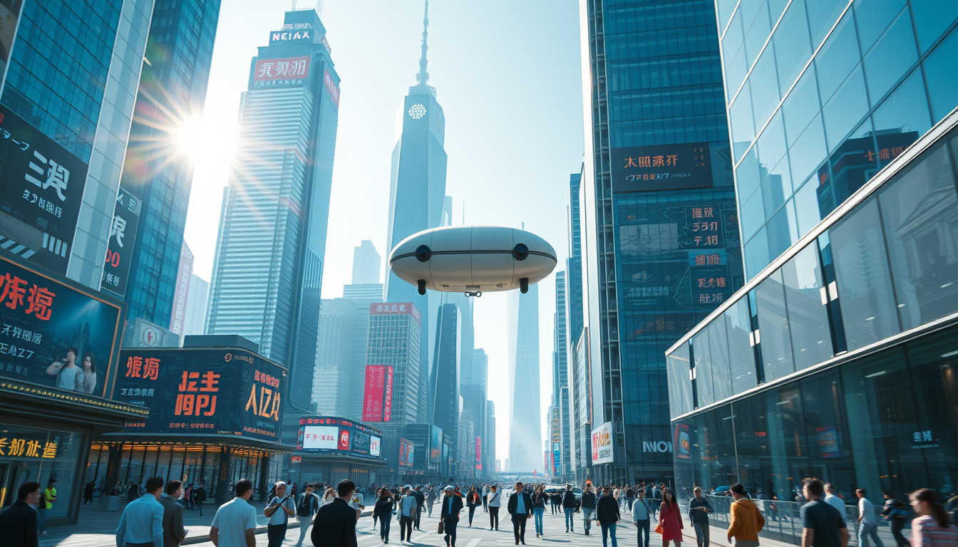 Create a stunning high-resolution image of a futuristic city. The skyline should be filled with towering skyscrapers adorned with neon lights and holographic adverts, with a handful of hidden Chinese characters. Include a light-colored elliptical balloon-type robot hurtling through the air, with tiny black balancers on either side of the balloon; no ropes should appear. The streets should be bustling with people dressed in fashion-forward styles. Highlight the small balloon-type robot, performing its rounds in the sky, and the beautiful sunlight reflecting on the glass surfaces of the buildings, creating an atmosphere of excitement and innovation. Very clear and realistic details, overall bluish atmosphere, complementary colors, best quality! - Image