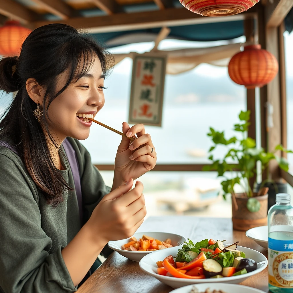 "Korean young woman eating eggplant, recording journey moments, good mood, soul relaxation, Cheung Chau Island adventure, photorealistic style"