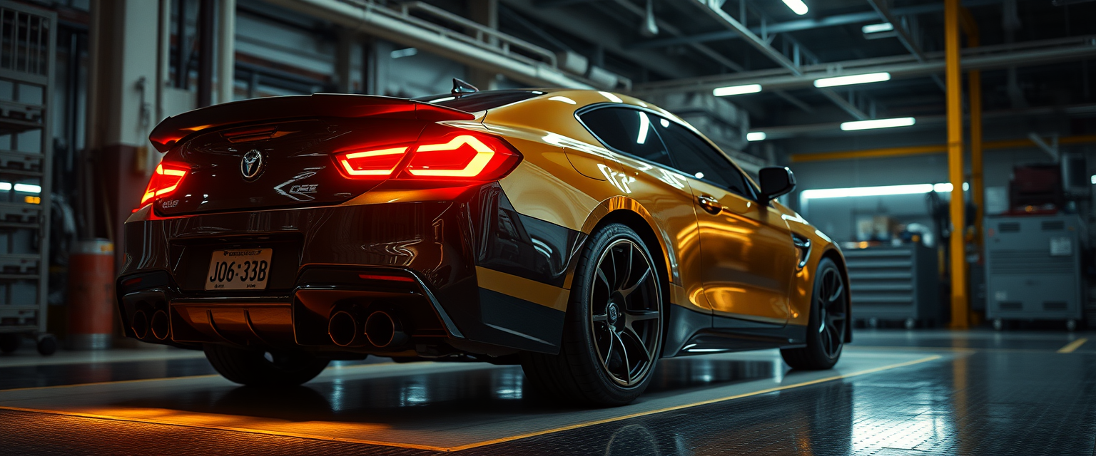 TransFormer car in a factory with lights reflecting from the car's back body. The backlight highlights a nice car body, with the transformed state and car state. - Image