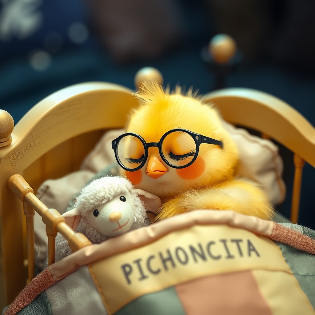 It's nighttime. A sweet, delicate little chick, Kawaii with a small round beak, is wearing glasses and sleeping in its precious little bed with tiny jingle bells, featuring childlike details with the name PICHONCITA written on it, snuggled up with a tiny cute stuffed sheep under patchwork blankets.