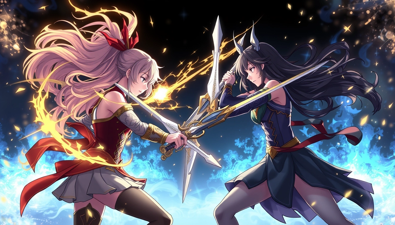 2 girls fighting, magical, dark, and gold magic, trident, swords.