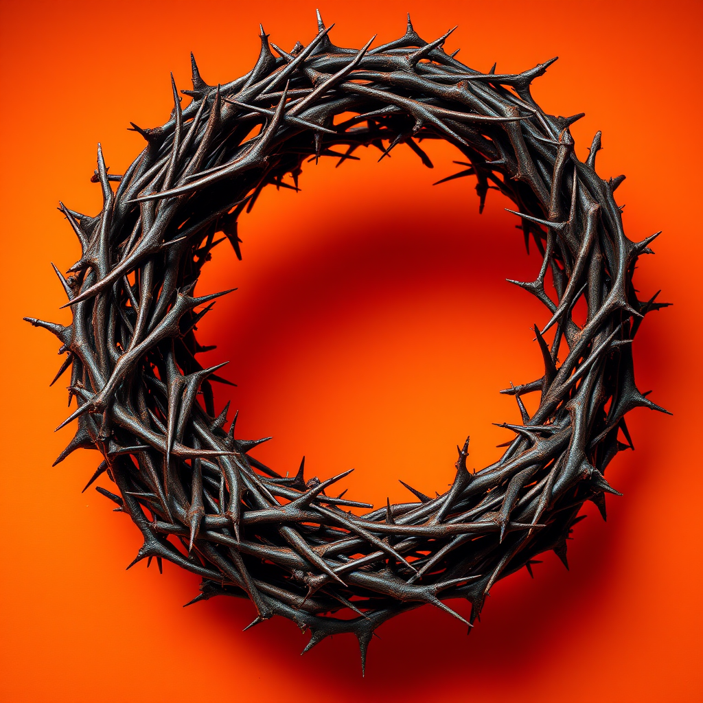 A letter "E" made of thorns in an orange background, realistic photograph.