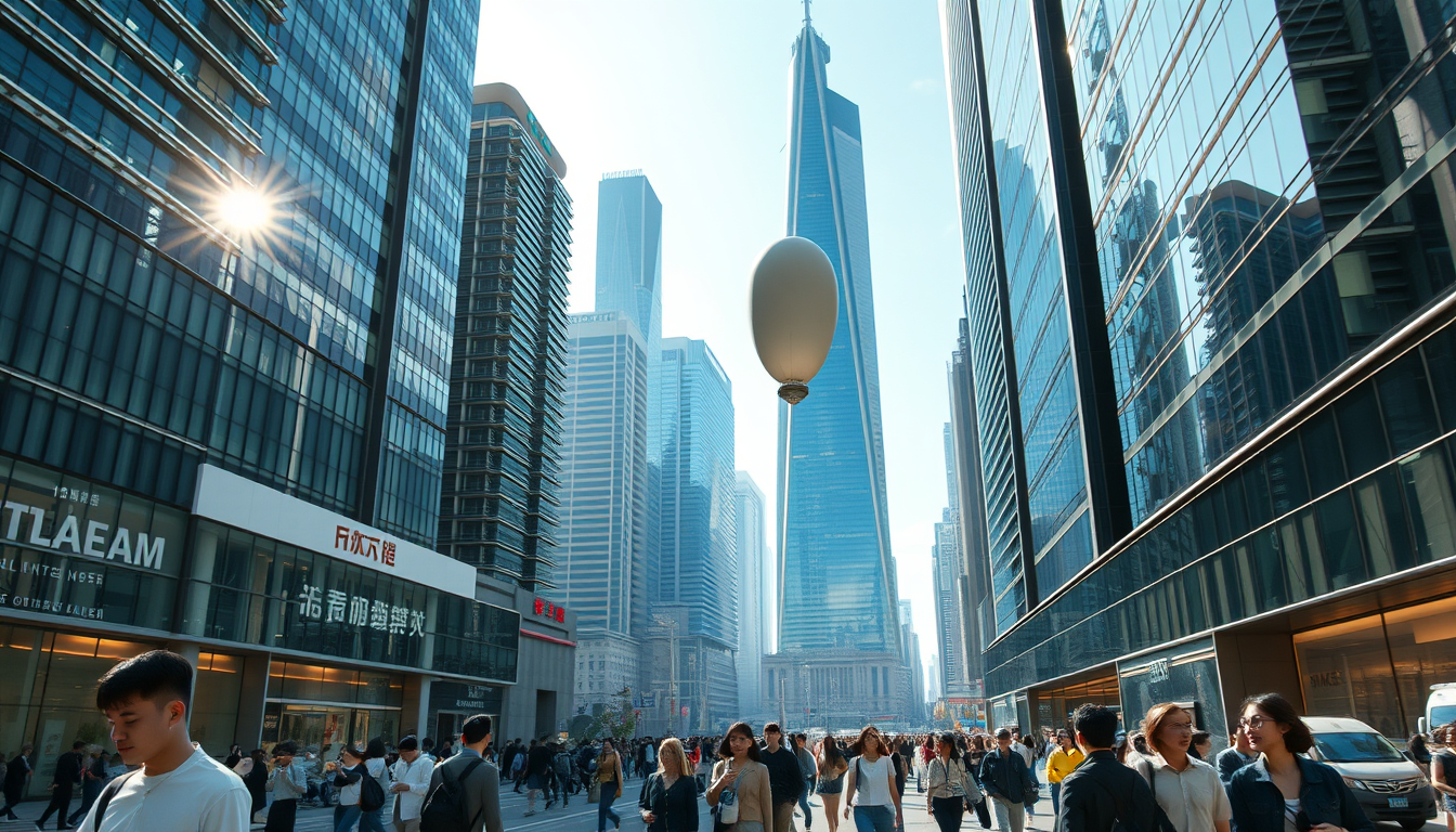 Create a stunning high-resolution image of a futuristic city. The skyline should be covered with towering skyscrapers. Include a light-colored elliptical balloon-type robot hurtling through the air with tiny black balancers on either side of the balloon. The streets should be bustling with people, Asian faces, people wearing fashion-forward fashions. Highlight the small balloon-type robot, performing its rounds in the sky, and the beautiful sunlight reflecting on the glass surfaces of the buildings, creating an atmosphere of excitement and innovation. Very sharp and realistic details, 32K.