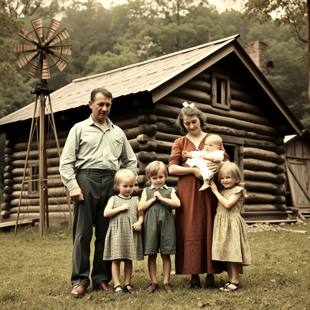 A poignant photograph of a family gathered in front of their rustic Ozark Mountains home, built with wooden logs and surrounded by a lush, green forest. The year is 1914, and the family, dressed in period clothing, exudes warmth and resilience. The father stands tall, wearing a long-sleeved shirt and a stern expression, while the mother, holding a baby, gazes tenderly at her family. Three children, a boy and two girls, playfully interact with each other, showing the bonds of sibling love and camaraderie. The scene is completed by a windmill and a small barn in the background, evoking a sense of simplicity and self-sufficiency.