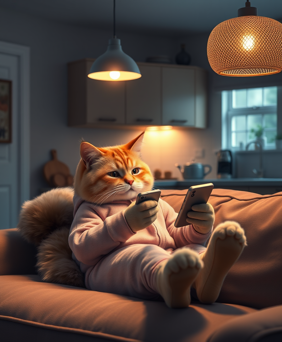 A delightful realistic photo showing a charming anthropomorphic cat dressed in cozy pajamas and lounging on a soft sofa in a dimly lit room. A cat with a fluffy tail and expressive eyes stares intently at his smartphone, immersed in digital content. The warm golden light of the pendant lamp creates a soft glow, creating a cozy and relaxing atmosphere. In the background, there is a simple kitchen area with cabinets, countertops, and various kitchen utensils, which creates an atmosphere of comfort and well-being in the house. This charming scene evokes a feeling of serenity and warmth and is ideal for a calm evening or night setting. - Image