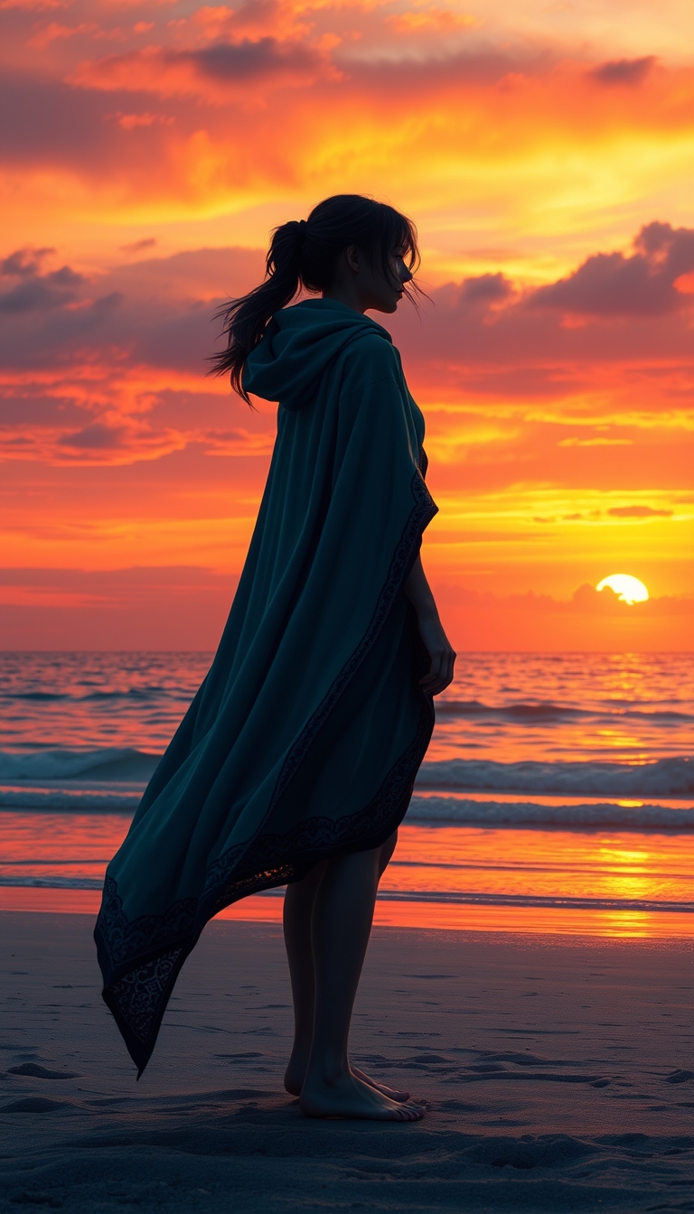 A highly detailed, photorealistic illustration of a young woman standing alone on a beach, silhouetted against a dramatic sunset sky. The woman is wearing a long, flowing teal and black cloak or cape that billows around her in the wind. Her face is obscured, with only the outline of her profile visible. The sunset colors in the background are vibrant, with shades of orange, pink, and purple reflecting off the calm ocean waters. The overall composition has a sense of mystery and contemplation, with the woman appearing to gaze out towards the horizon. The details of the cloak's intricate patterning and textures are rendered with exceptional realism, creating a captivating and immersive scene. The lighting and atmospheric effects add depth and a sense of atmosphere to the image. - Image