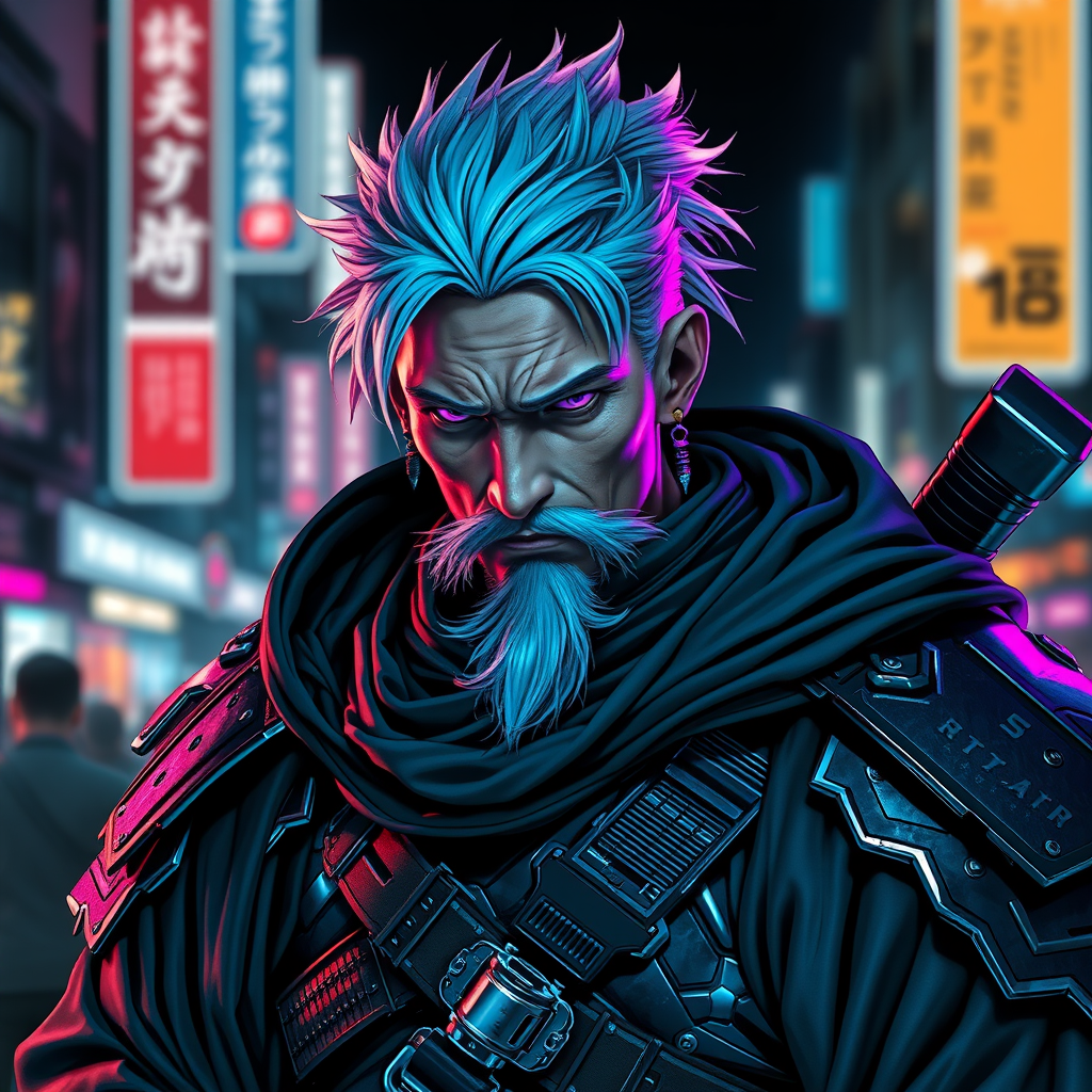 Cyber Samurai style of male warrior with rugged silver hair and cybernetic implants | merging traditional samurai armor with futuristic cyberpunk elements | flowing robes and high-tech armor plating | neon-lit urban background | in metallic blue and electric purple.