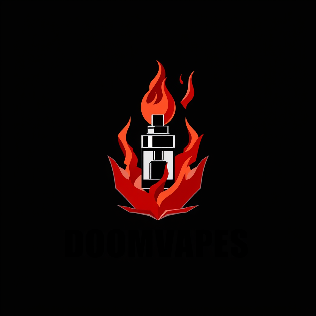 Sleek, minimalist logo design for DoomVapes featuring a stylized vape tank engulfed in ethereal, crimson flames. Blend with modern simplicity. Geometric shapes evoke demonic symbolism. Bold, sans-serif typography in obsidian black.