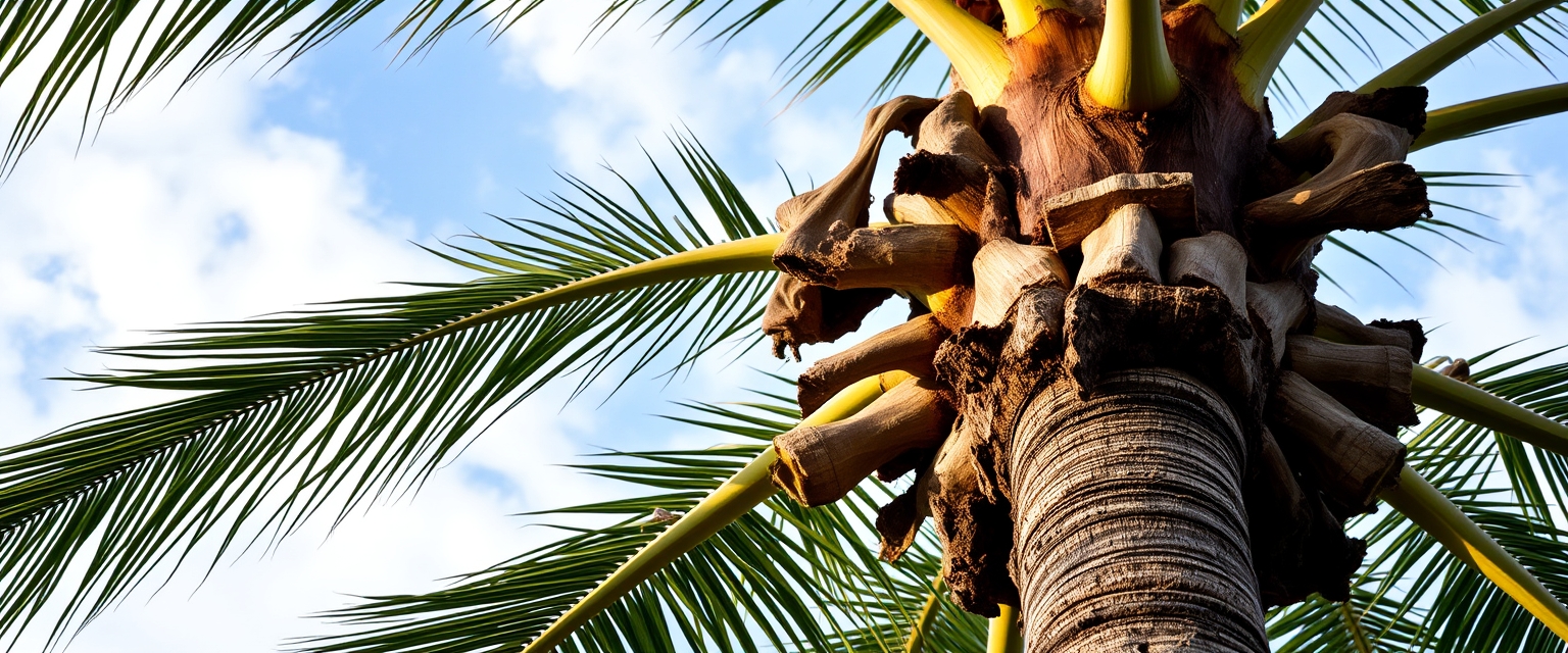 Palm tree trunk and leaves with a blue sky and clouds in the background.