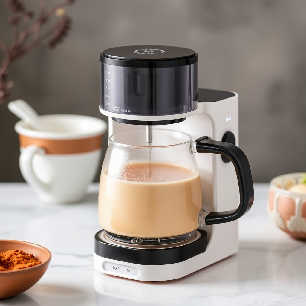 Sleek and smart-looking tabletop, portable, personal Indian-style tea-making machine with controls for masala flavor customization and milk proportions, boiling to perfection, making the whole process visible with see-through styling.