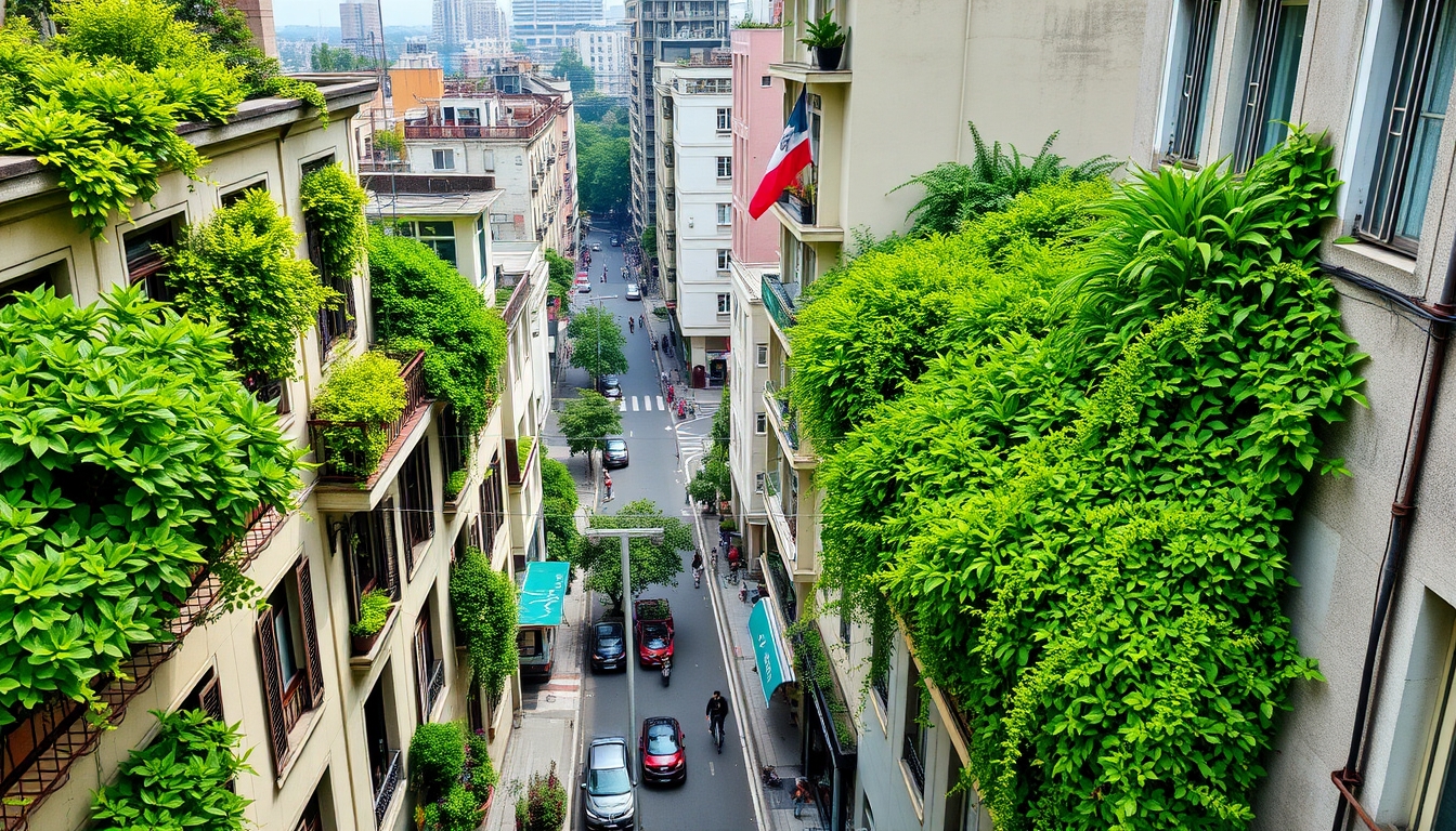 A high-angle shot of a bustling city street, lush green plants spilling from windows and rooftops, creating a vibrant contrast against concrete structures.