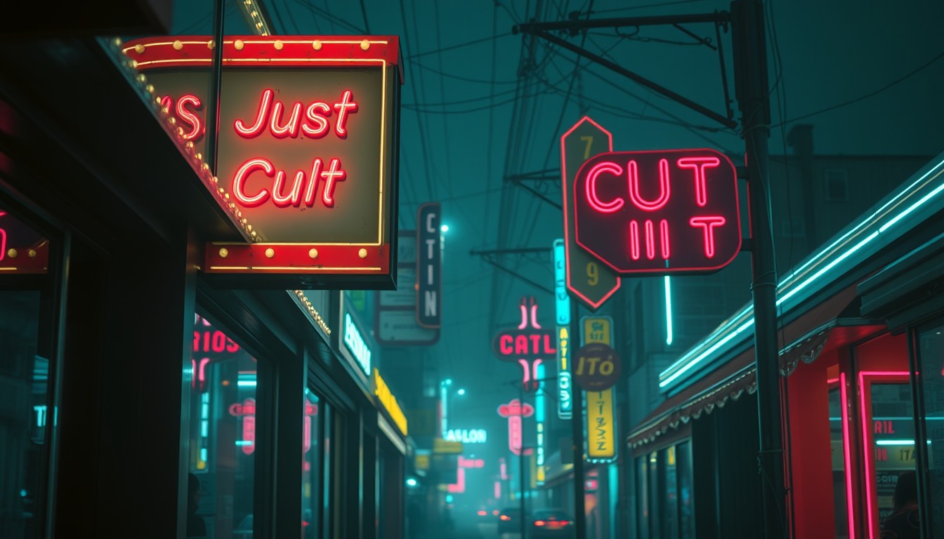 In the future, all streets are full of neon lights. A salon shop signboard reads "Just Cut It." - Image