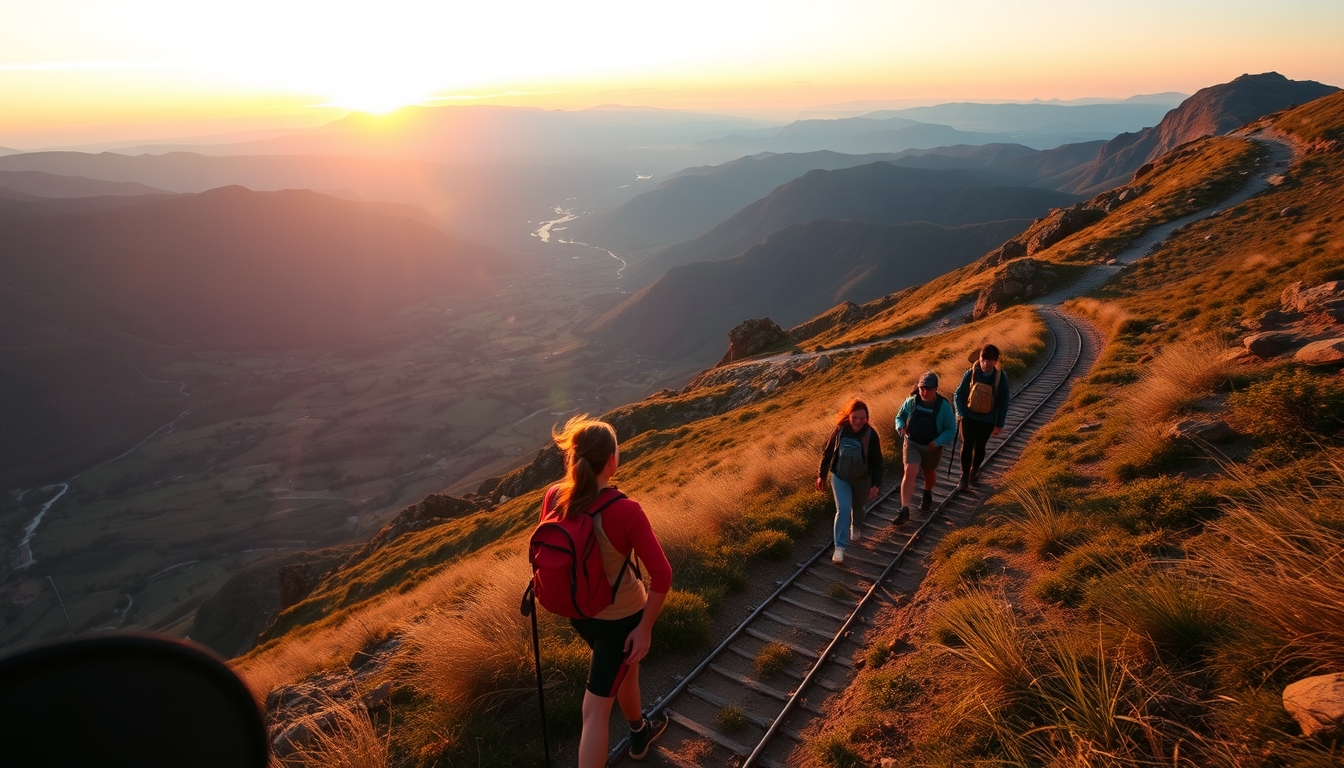 A wide-angle shot of a group of friends hiking up a mountain trail, with expansive views of the valley below and the sun setting on the horizon.