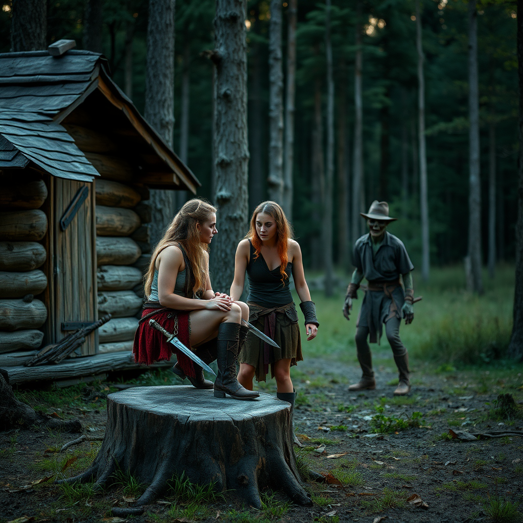 Real-life photography: In the evening, in the forest, there is a wooden cabin, and not far away, a female barbarian is sitting on a wooden stump, while another female barbarian is standing beside her. They each hold a dagger. In the distance, there is a dressed zombie wearing a hat, and they are watching the zombie. Note that there are a total of two female barbarians and one zombie.