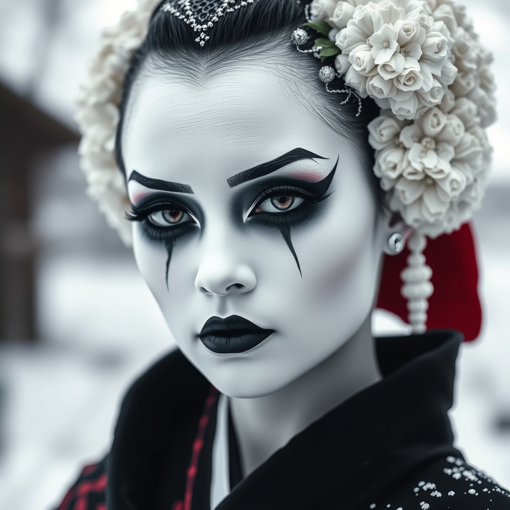 High contrast portrait of a Japanese geisha, gothic, white painted face, dramatic winged black eyeliner, black lips, serious look, winter landscape. - Image