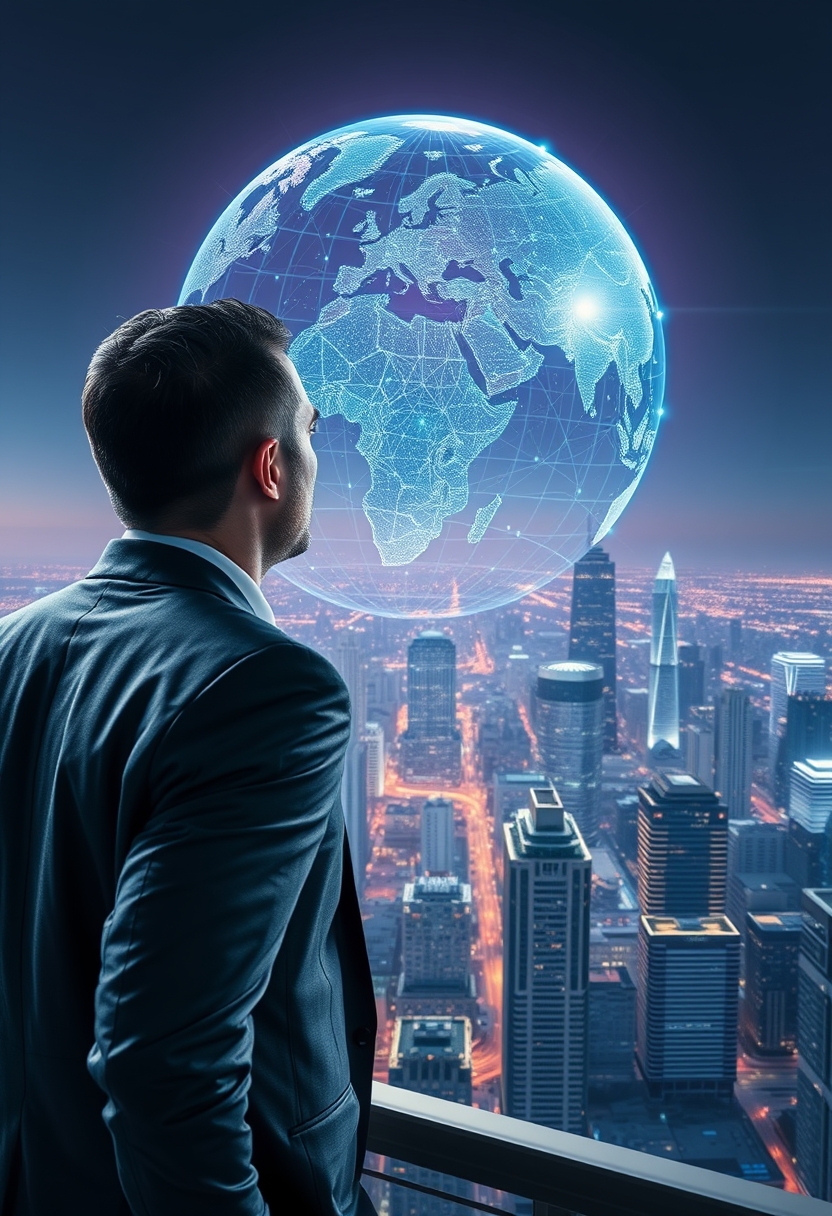 Futuristic businessman overlooking cityscape with digital globe hologram in background.