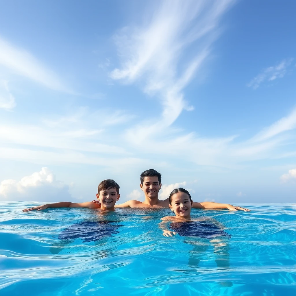 The swimming pool is in the sky, and there are three young people swimming in the pool, in the background.