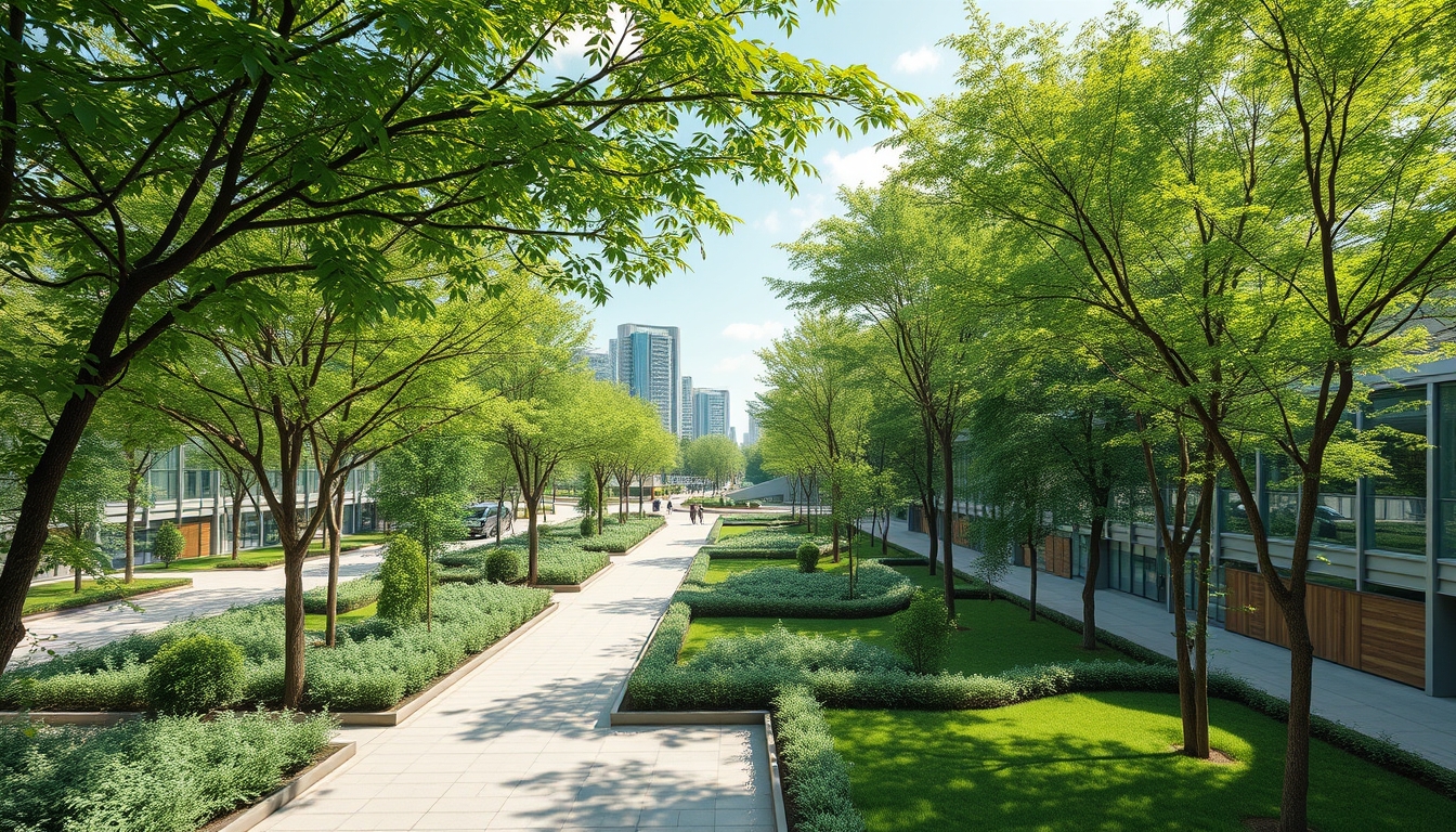 Green urban park with sustainable architecture, illustrating eco-friendly economy. - Image