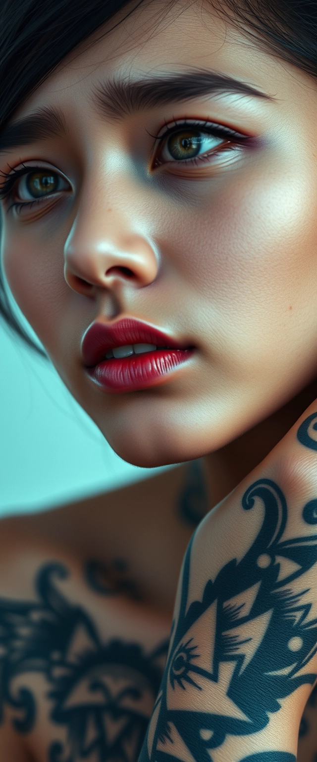 Close-up shot of a beautiful Indian-Korean woman with fair skin, captivating facial features, and gray hypnotizing eyes, whose entire body is heavily tattooed and has a crying expression.