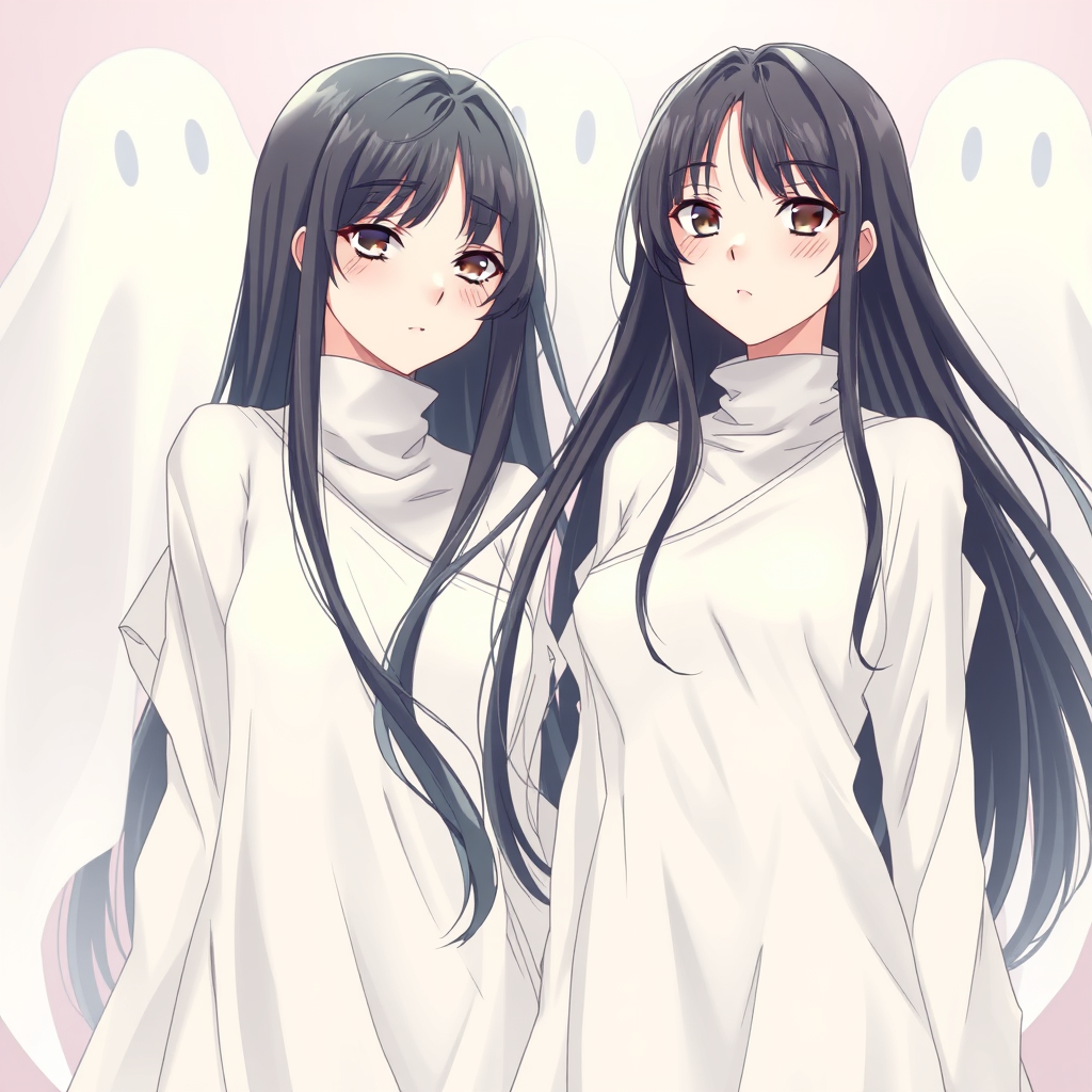 Ghost women, with white clothes, long black hair, manga anime style. - Image