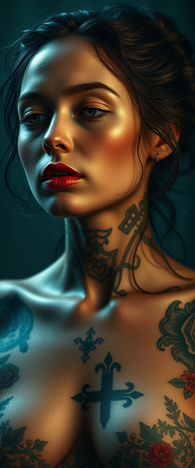 Arafed woman with a tattoo on her chest and chest A symphony of pixels in hyperrealistic harmony, intricate and softly lit, an 8K revelation trending on ArtStation, brought to you by Leonardo Da Vinci.