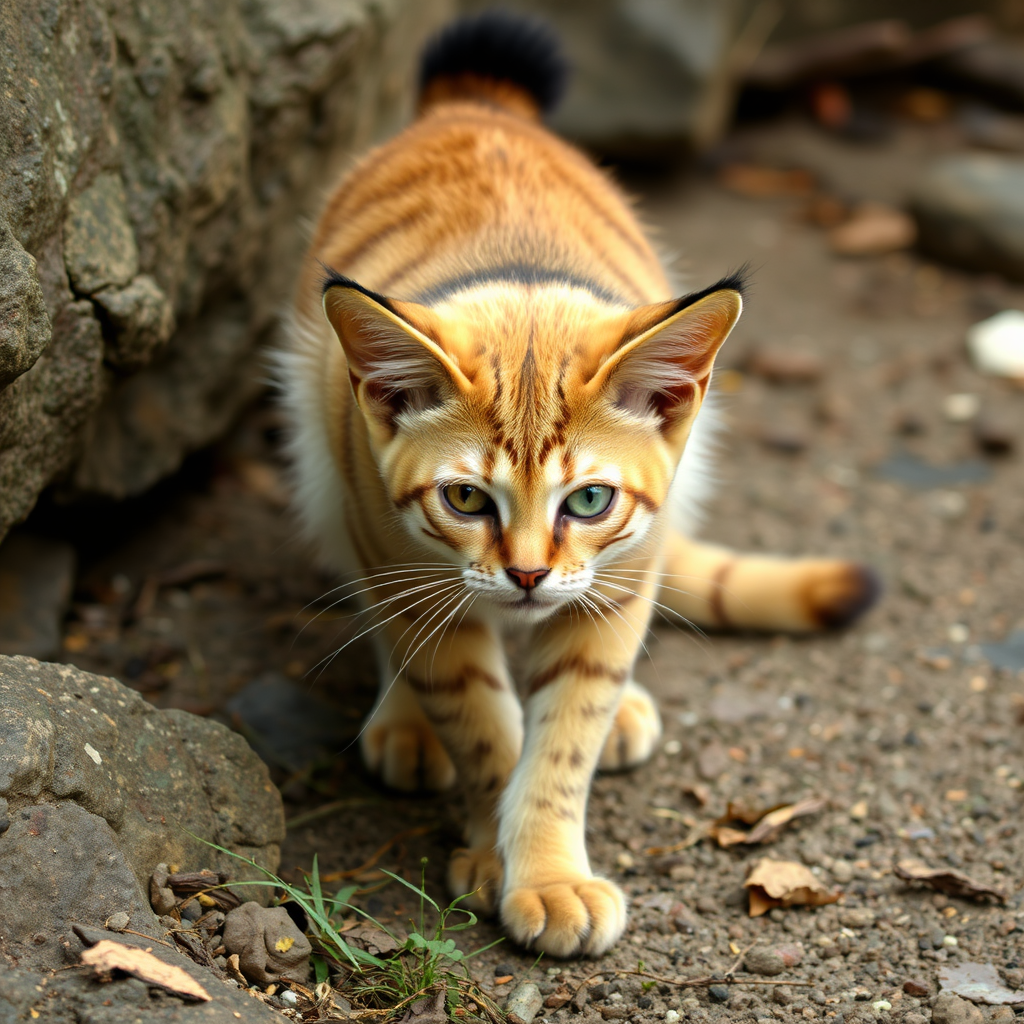 A wild cat with only one eye, four ears, three tails, nearby the china mountain. - Image