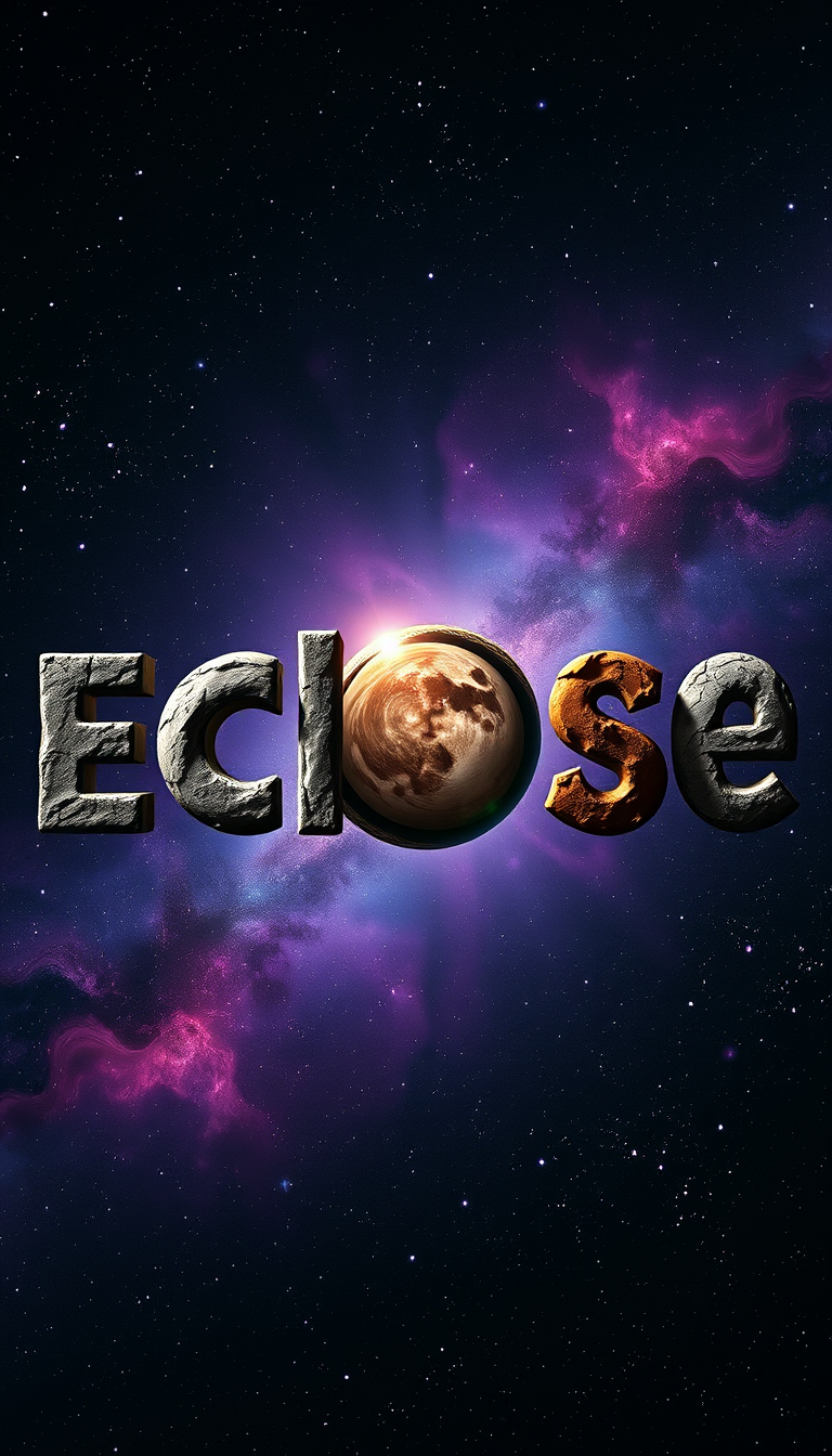 Main Character: The word "ECLIPSE" formed entirely from a diverse arrangement of terrestrial and gas planets. Each letter is represented by a unique and distinct planet, showcasing the incredible variety and beauty of celestial bodies. The terrestrial planets, representing the letters E, C, L, I, P, and S, are rocky and varied in appearance, with craters, mountains, and diverse geological features. The gas giant representing the letter E is a swirling mass of vibrant colors and atmospheric turbulence. 
Background: The background is the infinite expanse of deep space, a canvas of twinkling stars and distant galaxies. Nebulae in vibrant hues of purple, blue, and pink add depth and a sense of cosmic wonder. The darkness of space provides a stark contrast to the illuminated planets, making them stand out dramatically. 
Visual Style: The visual style should be photorealistic, resembling images captured by powerful telescopes, showcasing the awe-inspiring beauty and grandeur of space. The planets should be rendered with incredible detail, highlighting their unique textures, atmospheres, and features. The lighting should be dramatic, with the light from a nearby star casting long shadows and illuminating the planets in a way that emphasizes their three-dimensional form. The overall tone should be one of wonder, awe, and the vastness of the universe.