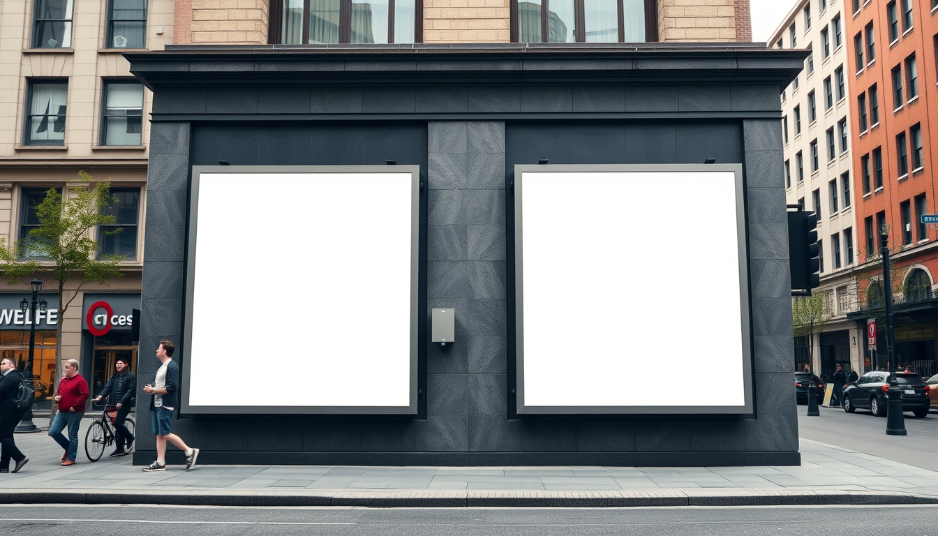 Conceptual mockup displaying two unmarked billboards on a building facade in an urban area, emphasizing the scope for advertising.