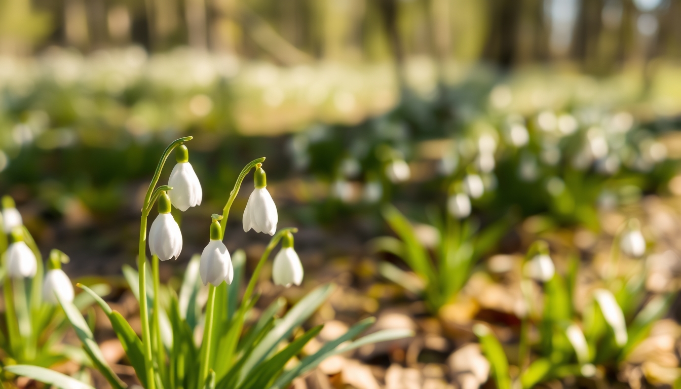 Blurry artistic effect on lovely wild snowdrop flowers in the forest on a sunny spring day.