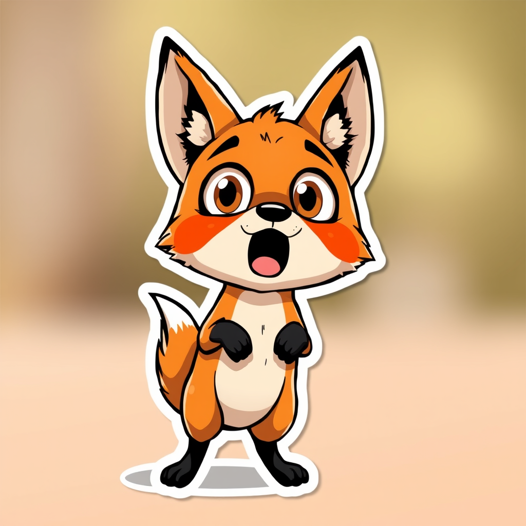 A little fox with wide eyes and an open mouth, standing on its hind legs, with its front paws raised in a surprised gesture. This sticker can be used to express surprise or shock at something unexpected.