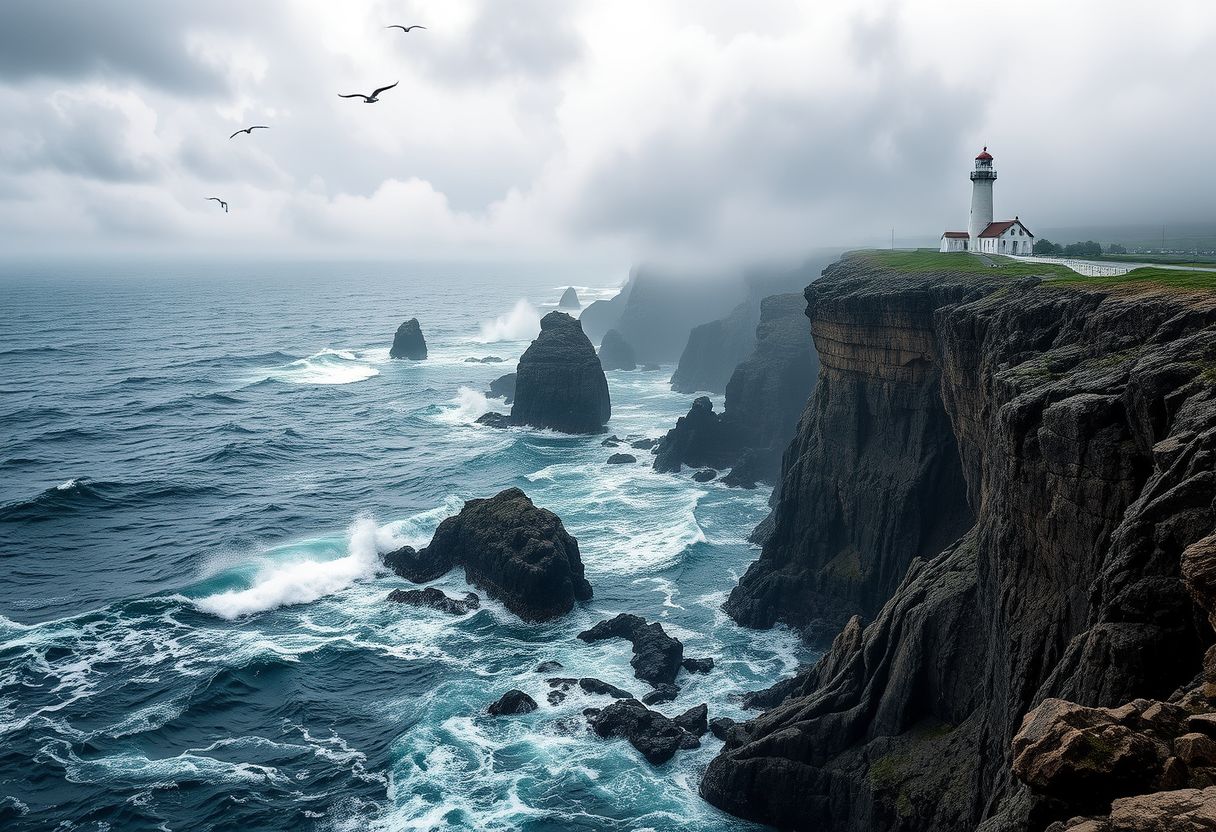 Dramatic, rocky cliffs, crashing waves, rugged coast, high quality, seagulls, lighthouse, stormy, wild, panoramic, breathtaking, photorealistic::1.5 sailboats, dramatic skies, mist, fog, coastal caves, hidden coves, tidal pools, mysterious - Image