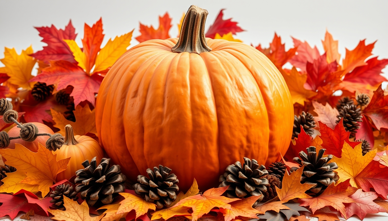 Autumn composition with big orange pumpkin standing out in thanksgiving arrangement with colorful leaves and pine cones.