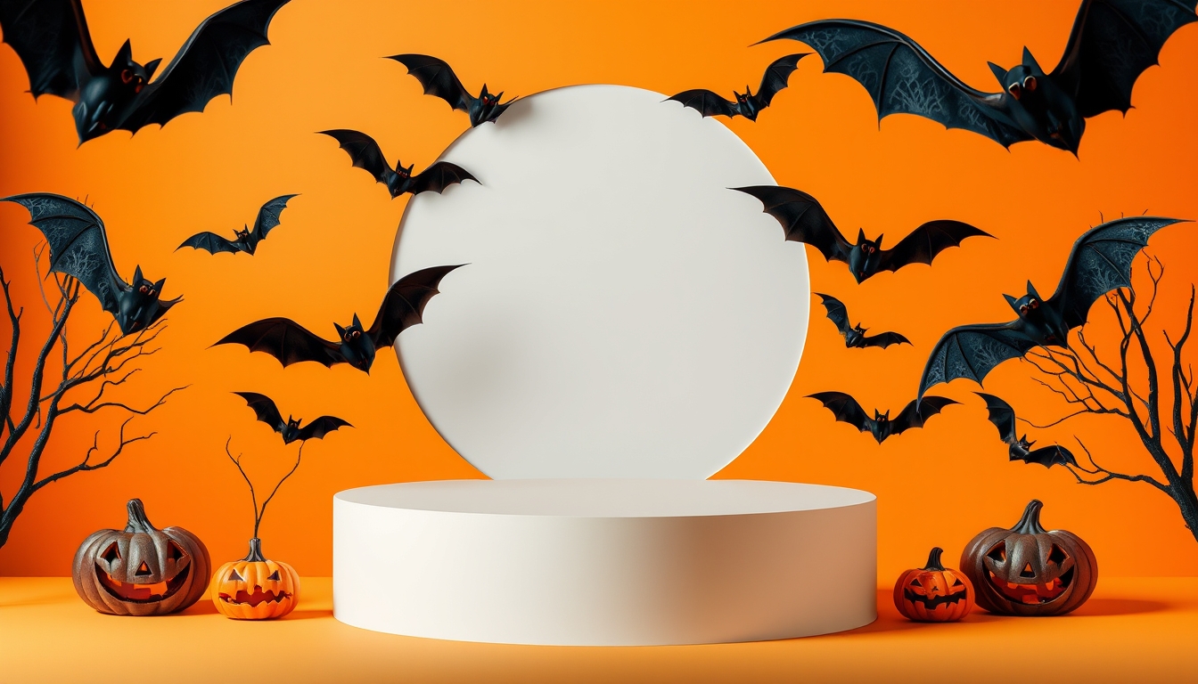 Creative Halloween composition with bats, podium and orange background. Suitable for Product Display and Business Concept.