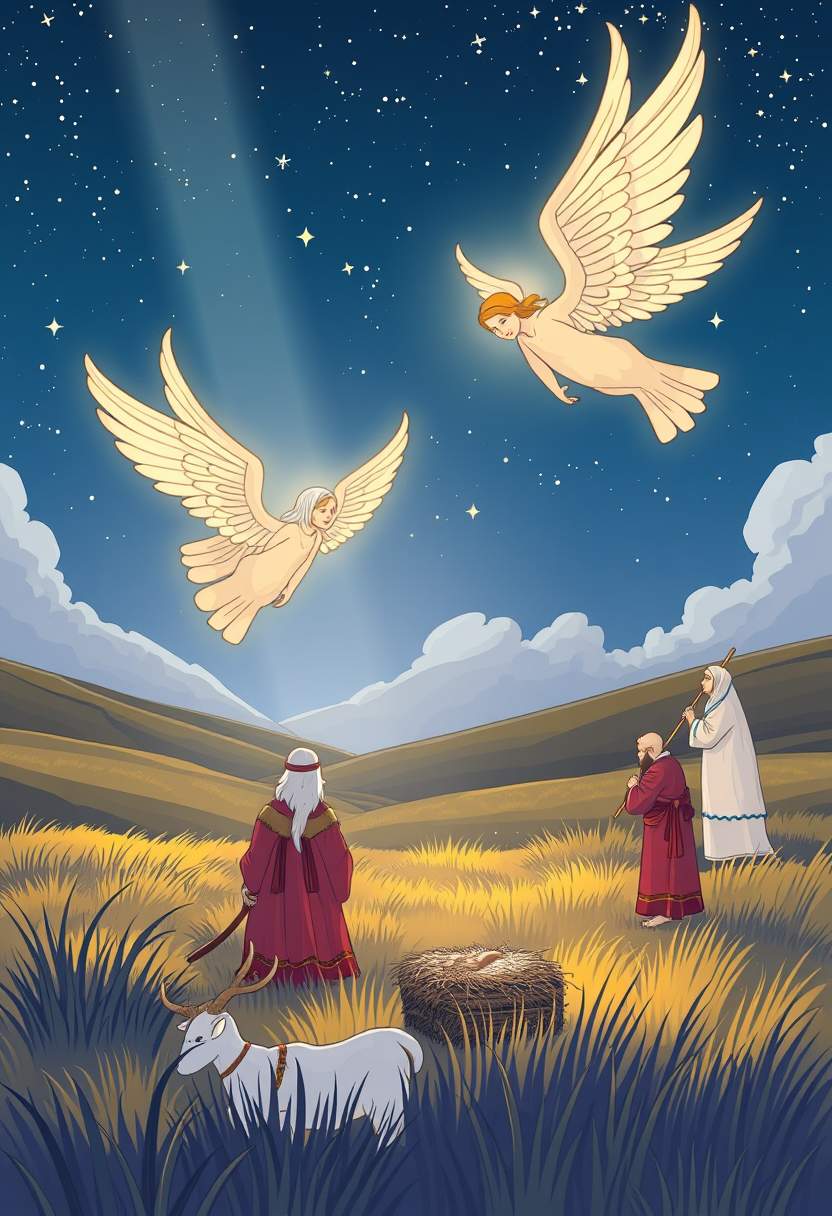 Create a scene of angels appearing to shepherds in the fields, with bright light and a starry night sky. cartoon style, thick lines, low details, no shading. - Image