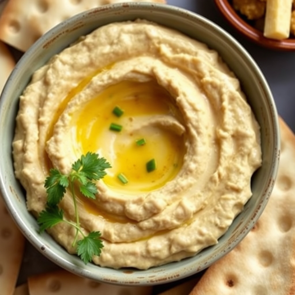 Bowl of creamy hummus with pita bread, representing Middle Eastern cuisine. - Image