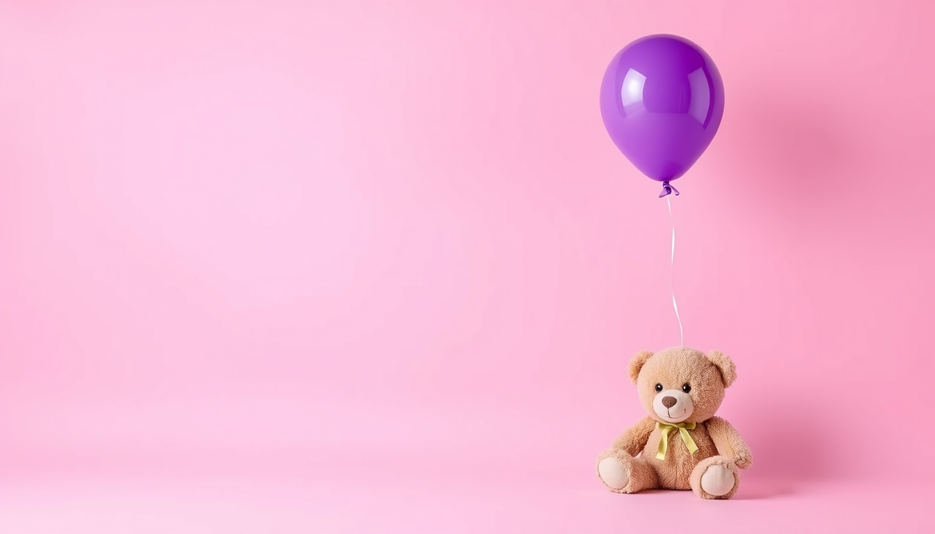 Plain pink background for product photography with a single purple balloon and teddy bear, realistic, bright light, high resolution.