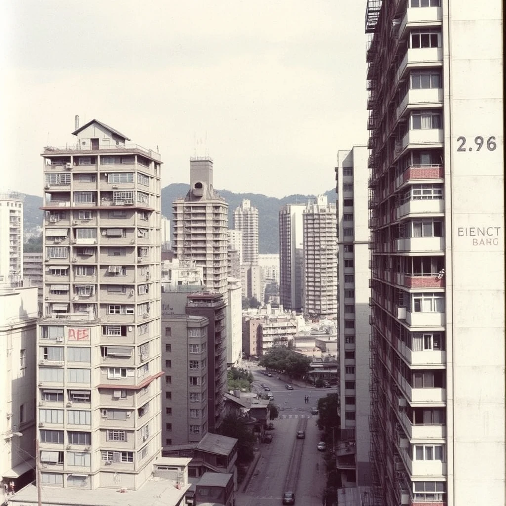 The south side of Kowloon Walled City in 1975. The elevation of the buildings begins to reach its maximum height. - Image