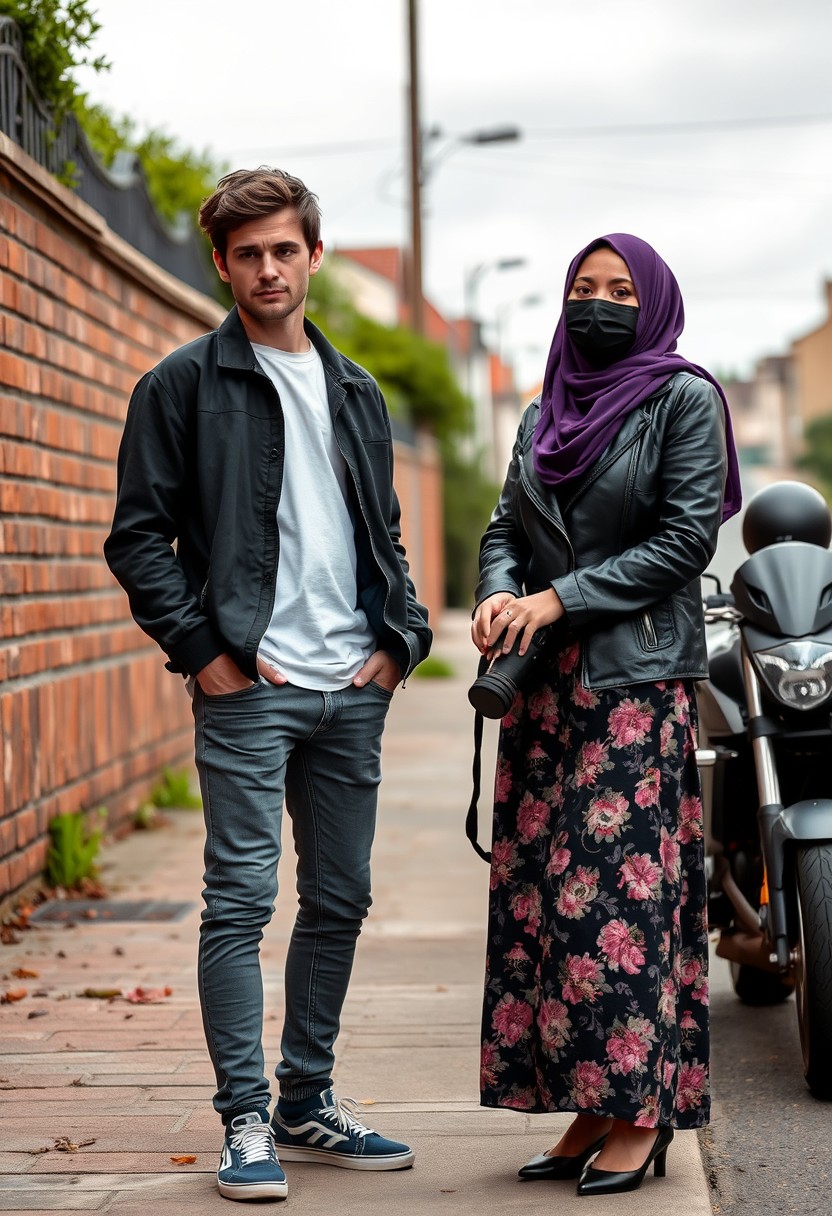 Jamie Dornan and Freddie Prinze head and body shot, handsome, young, serious face, dark brown hair, white T-shirt, college jacket, skinny jeans, sneakers, standing, discussing with a short purple hijab Muslim girl, beautiful eyes, black face mask, black leather jacket, biggest floral skirt, holding a Canon DSLR camera, near a town road, superbike, hyper-realistic, street photography, brick wall, full body photo. - Image