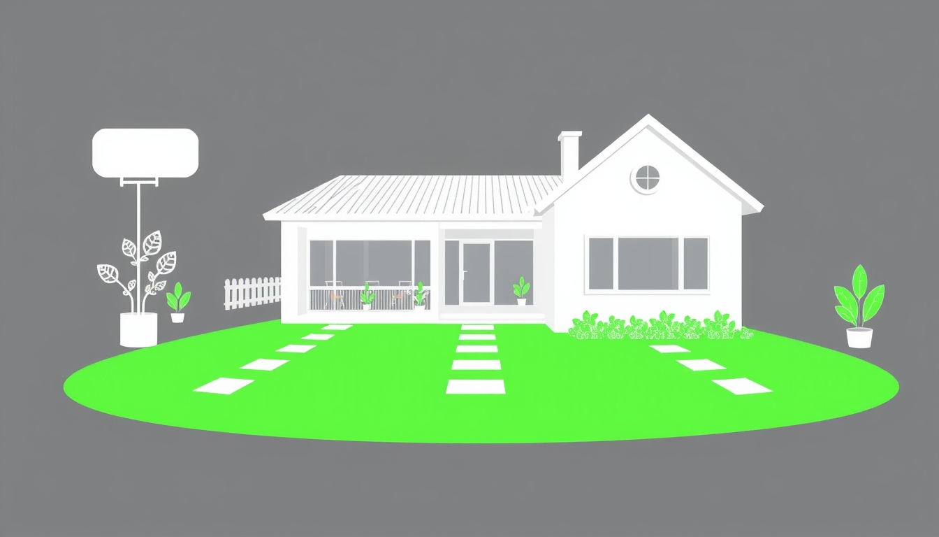 Virtual property tour illustration in white and green with VR elements.