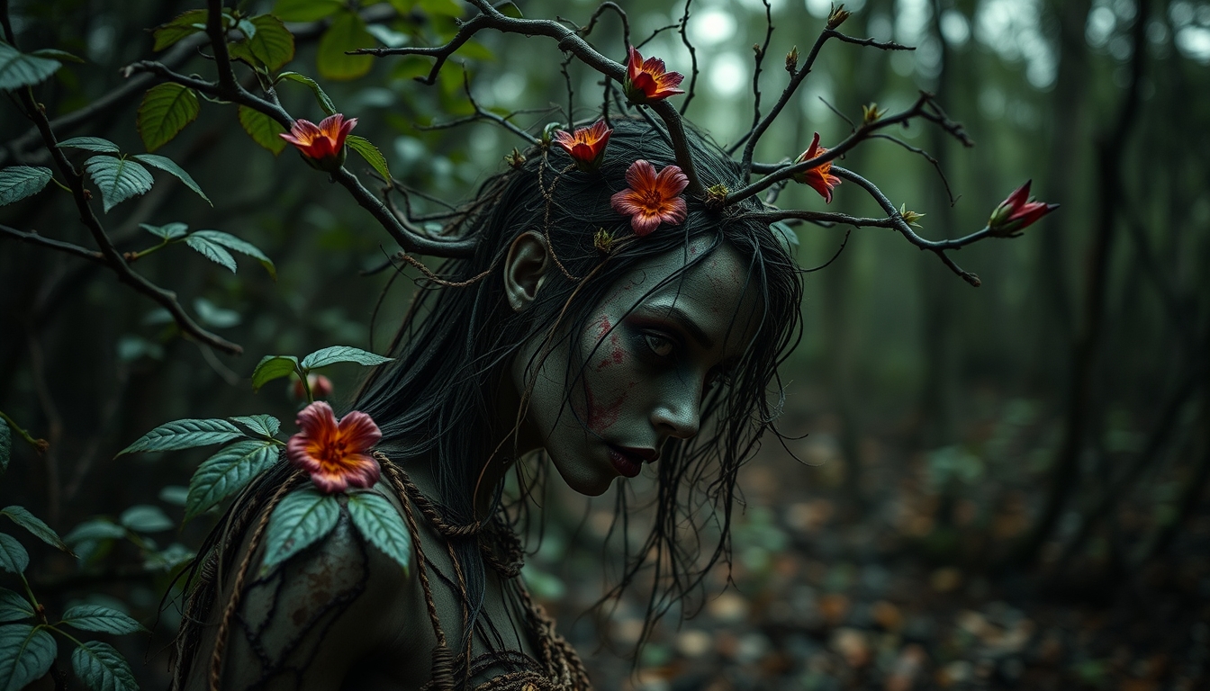 Photography, plant dryad girl made of vine branch, flower, and leaves in a dark wood, bloodthirsty, cinematic, horror movie. - Image