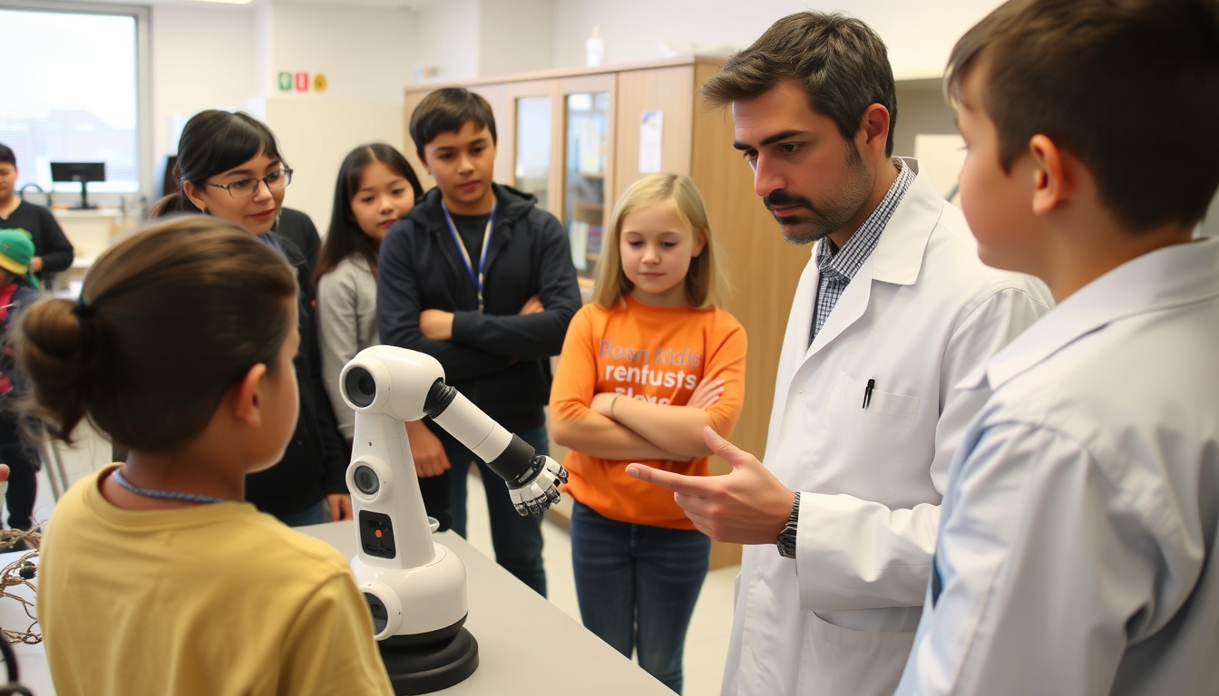 Field trip to a real robotics laboratory, encouraging children to pursue a career in robotics. A real scientist talking with young students, showing them a robotic arm. - Image