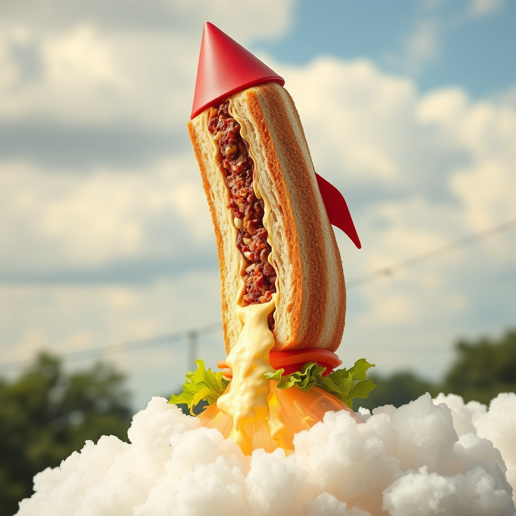 very tall sandwich taking off like a rocket, rocket explosion, off the ground, in the clouds, weird, whimsical, product photography