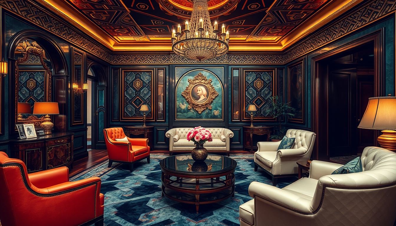 An interior scene of a luxurious room with Art Deco furniture, rich color palettes, and intricate geometric patterns.