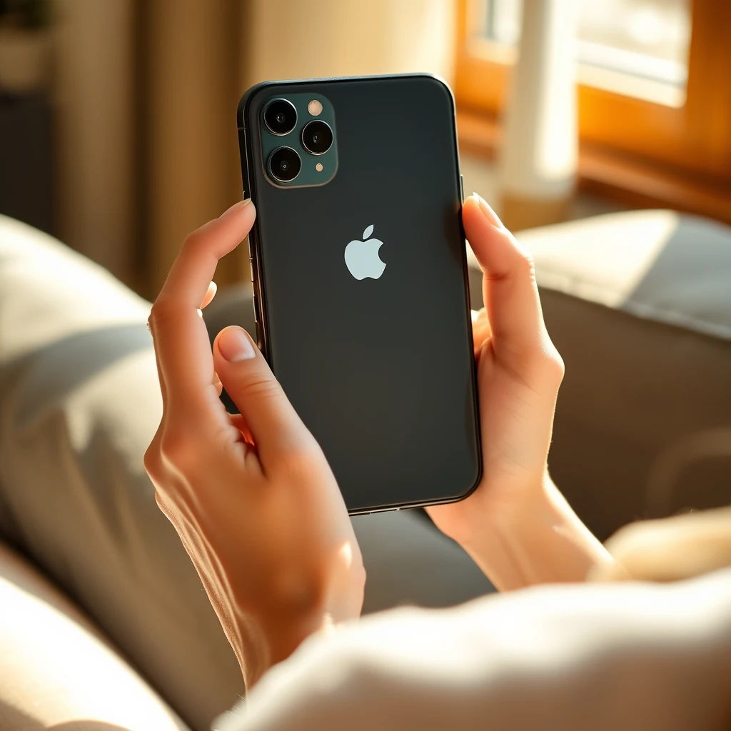 She is playing mobile games on the sofa with her iPhone 15 in both hands. Her fingers are slender and her skin is fair and translucent. The sun shines on her hands and the back of the iPhone 15 from the window. A close-up of the iPhone 15 is held in both hands. No face needs to be shown. - Image