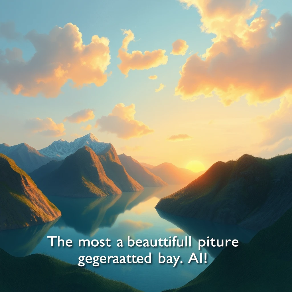 "Draw a picture capturing the most beautiful scene in the world, and also write the words 'The most beautiful picture generated by AI'."