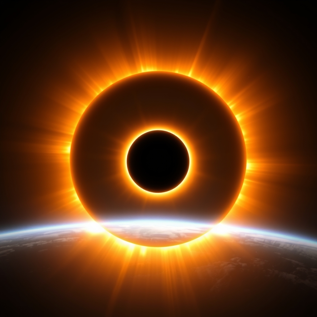 The Moon, centered, casts a dark umbra on Earth, depicting the path of totality. The Sun, in radiant oranges and yellows, forms a stunning corona effect around the Moon, all aligned casting a fading black hole sun halo in space, orbit space VFX, exosphere, cosmic, astral, quantum, cold and warm, energy-filled epic science fiction film concept digital art by Maciej Kuciara and Vincent Di Fate, 1998 NASA photo, Hasselblad electric camera 70mm film, Skylab flashlight photography, in the style of Interstellar by Christopher Nolan OverallDetailXL, flux-style.